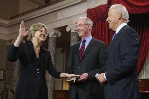 Elizabeth Warren being sworn in by Vice President Joe Biden