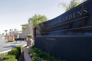 The main gate of Glenwood Gardens, a retirement community in Bakersfield, Calif., where an elderly woman died after a nurse refused to perform CPR