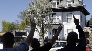 Protesters outside the funeral home.