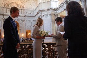 Kris Perry and Sandy Stier, who have been together for more than 15 years and have four sons, were married at San Francisco City Hall by Attorney General Kamala Harris on Friday. 