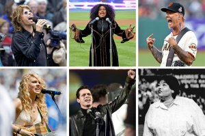 Clockwise from top left: STEVEN TYLER at Fenway Park in 2002; CHAKA KHAN in 2008 at Dodger Stadium; JAMES HETFIELD in San Francisco in May; ROSEANNE BARR at a San Diego Padres game in 1990; MARC ANTHONY at Shea Stadium in 2001; and TAYLOR SWIFT at Dodger Stadium in 2007. 