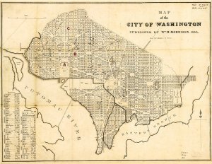 An 1846 map of Washington, top, shows the home (A) of William Henry Harrison, above, its water supply (B), and a field of “night soil” (C) that could have harbored deadly bacteria. 